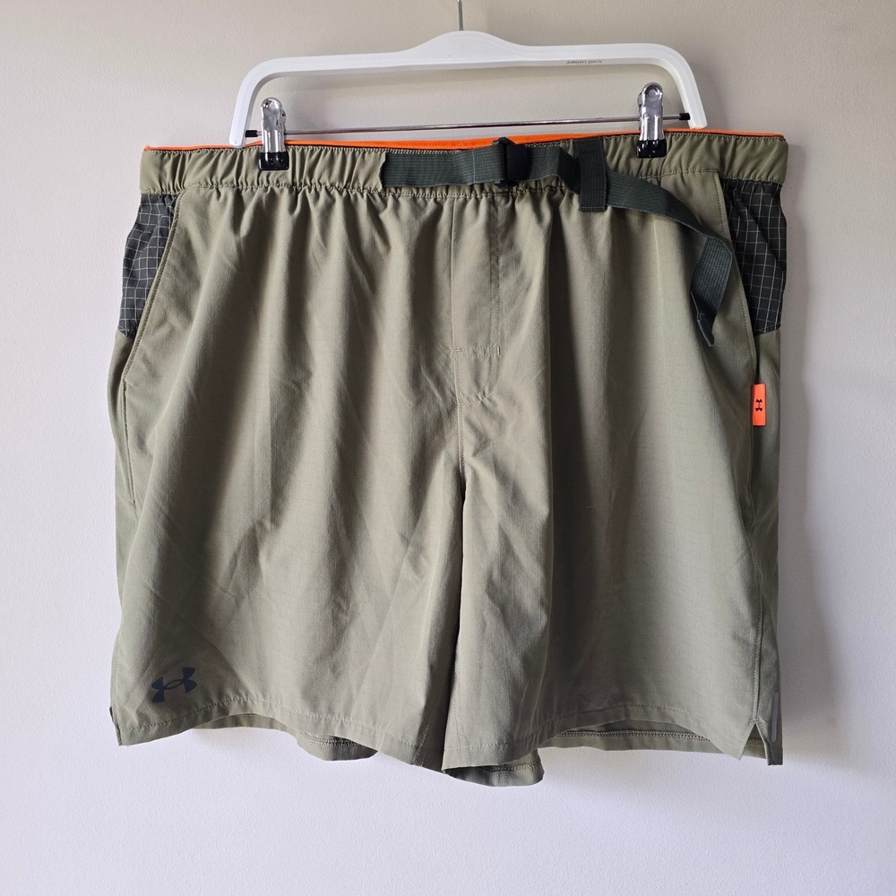 Under Armour Mens XXL Loose Fit‎ Hiking Shorts Olive Green Orange Belted Ripstop